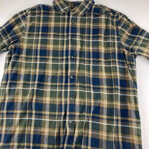 Eddie Bauer Flannel Shirt Mens XL Green Blue Plaid 100% Cotton Long Sleeve